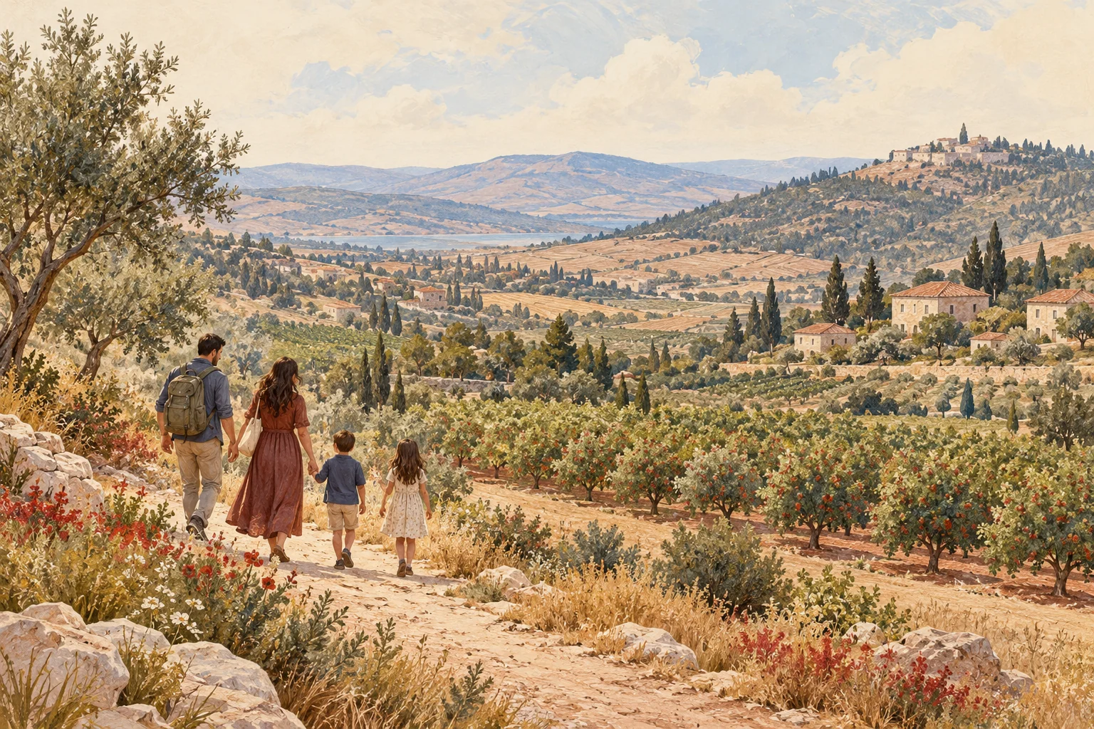 משפחה בשביל בין מטעים ויישובים על גבעות